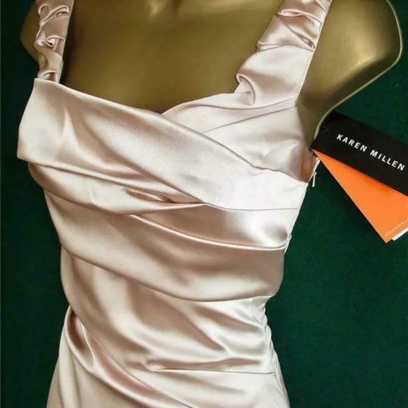 NWT KAREN MILLEN Signature Nude Folded Wiggle Stretch Satin Pencil Dress -Size 6